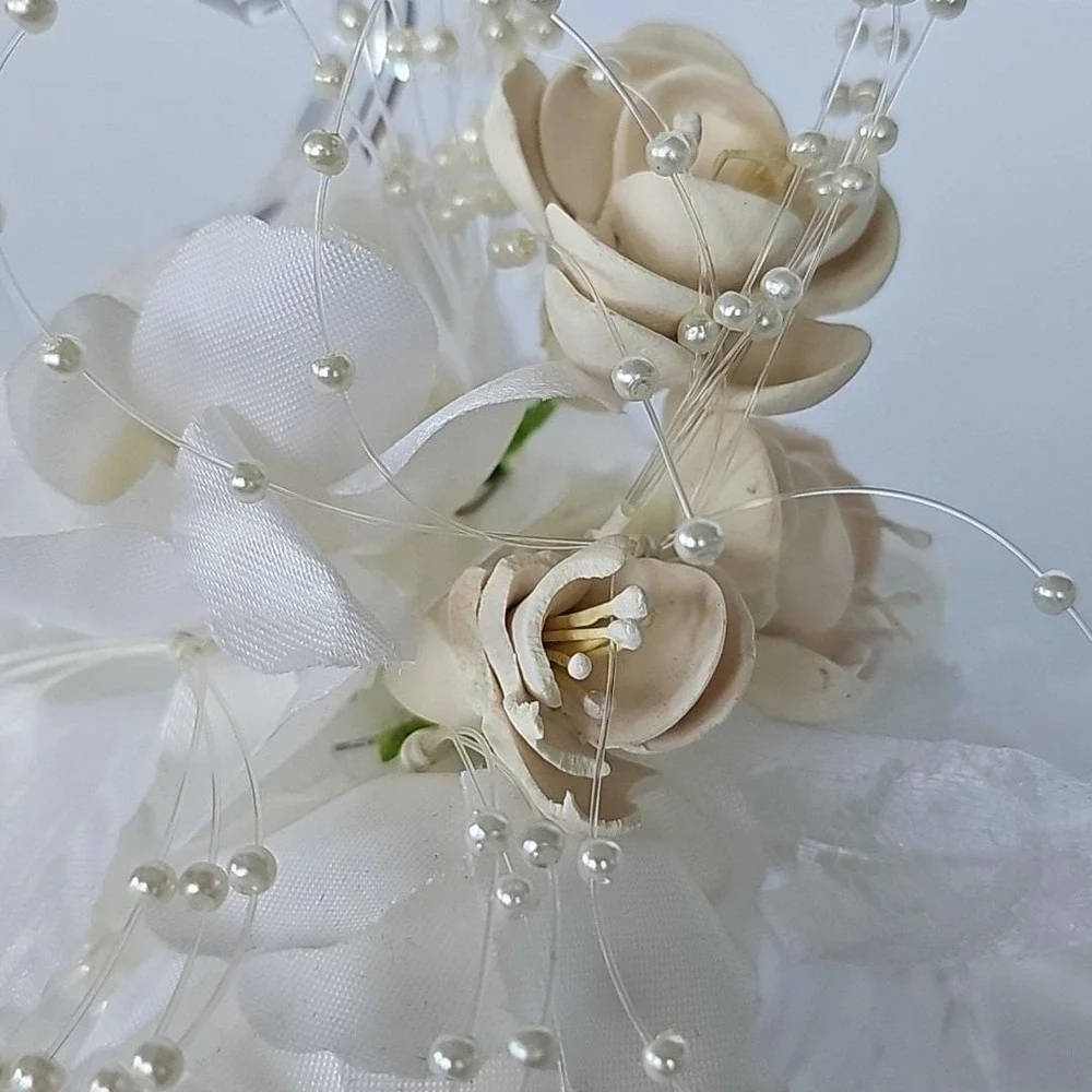 Vintage Wedding Cake Topper Double Heart Acrylic Lace‎ Faux Pearl Bridal Decor